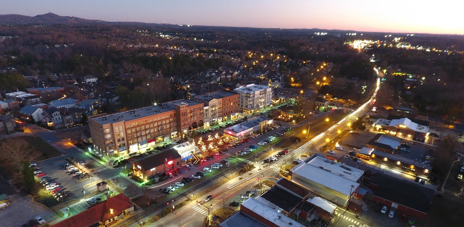 Aerial view of downtown Woodstock, Georgia at dusk